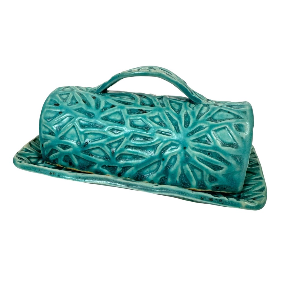Studio‎ Pottery Butter Dish Handmade Geometric Textured Teal Blue MCM Sculptural